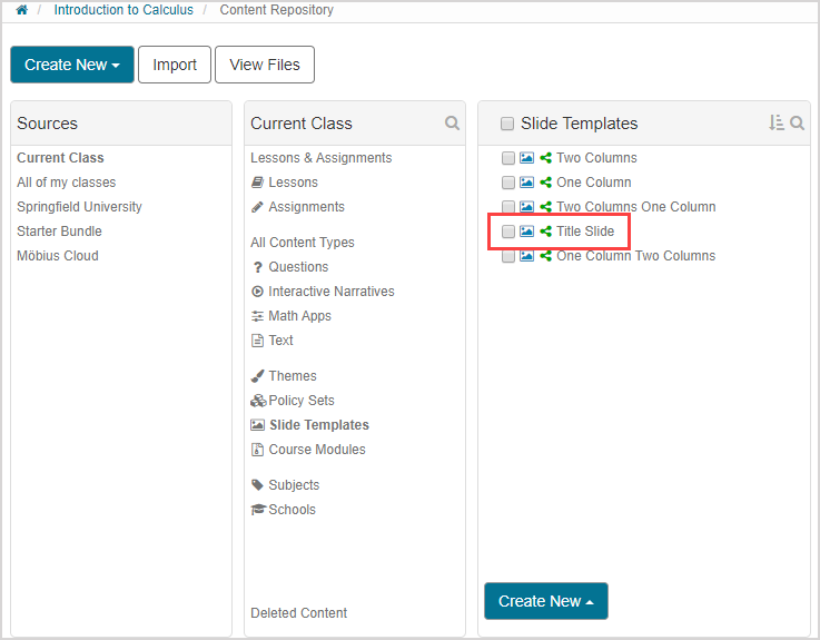 Under Current Class pane, Slide Templates is selected. In list under Slide Templates pane, the name of one template is highlighted.